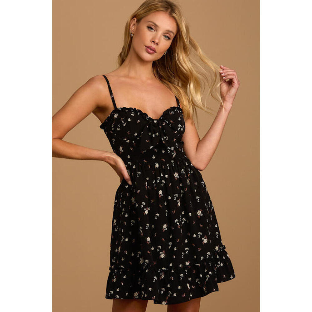 Lulus Romantic Muse Black Floral Print Tie-front Ruffled Mini Dress - Size XL